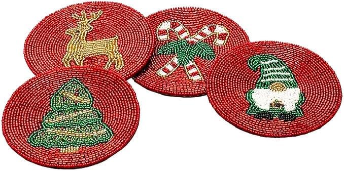 Folkulture Hand-Crafted Holiday Magic Beaded Coasters Set of 4 | Handmade Round Drink Coasters for Coffee Table & Bar | Boho Table Décor | Housewarming, Valentine Gifts