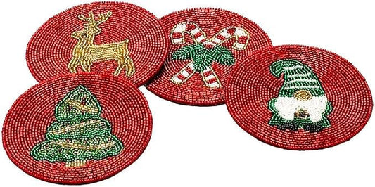 Folkulture Hand-Crafted Holiday Magic Beaded Coasters Set of 4 | Handmade Round Drink Coasters for Coffee Table & Bar | Boho Table Décor | Housewarming, Valentine Gifts
