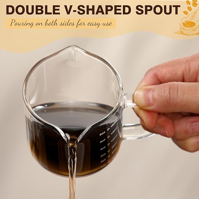 Patelai 2 Pcs 6oz/180ml Espresso Cups, Glass Measuring Cups with Double Spouts & Handle, Scale Espresso Shot Glass Milk Frothed Cup Coffee Accessories for Machines, Milk Frothed, and Bars