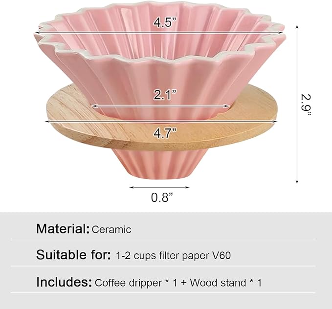 Ceramic Coffee Dripper with Wood Cup Stand Pour Over Coffee Maker Elegant Flower-shape V60 Strainer for 1-2 Cups Slow Brewing Accessories for Home Coffee Shops Restaurants Pink