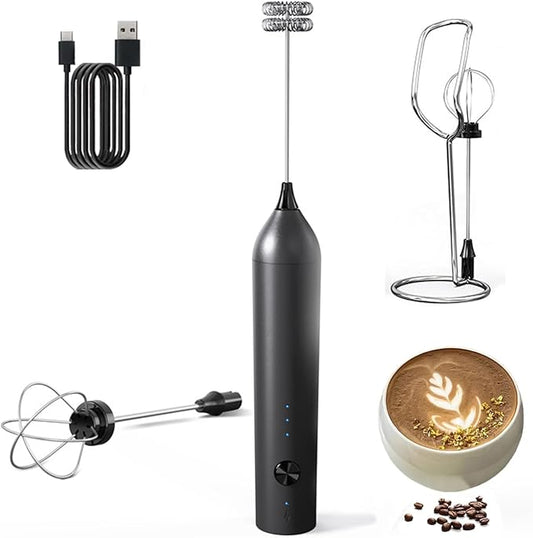 Rechargeable Milk Frother Wand with Stand-Electric Whisk 3 Speed Adjustable,Drink Mixer Handheld with 2 Stainless steel Stirrers,Hand Coffee Frother for Lattes Cappuccino Protein Powder Egg
