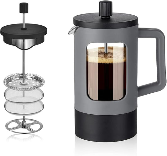 YOLIFE French Press Coffee Maker (12 oz), Camping Mini Coffee Press, Single Cup French Press, Heat-resistant Borosilicate Glass, Portable for Travel, Grey and Black