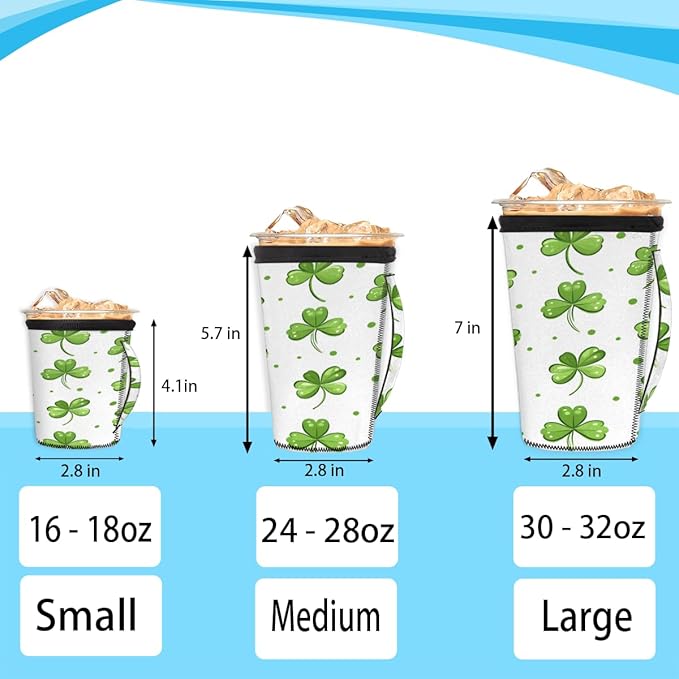 Luck Shamrock Clover Reusable Coffee Sleeves Iced Coffee Cozy Insulator, St Patricks Day Neoprene Holder with Handle for Cold Coffee or Ice Drink, Small 16-18oz
