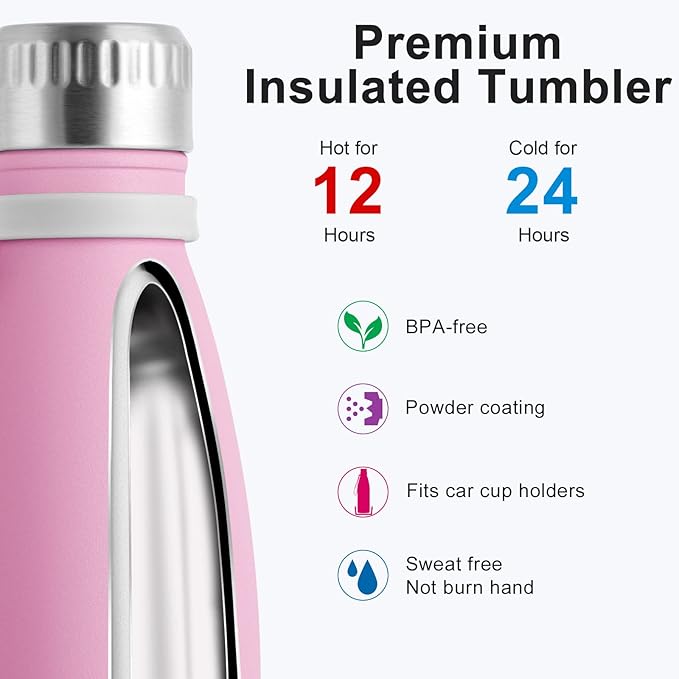 koodee Kids Insulated Water Bottle 2 Pack Stainless Steel Double Wall Vacuum Travel Water Bottle for School-17 oz Sports Leak Proof Water Flask for Girls and Women (Purple Pink)