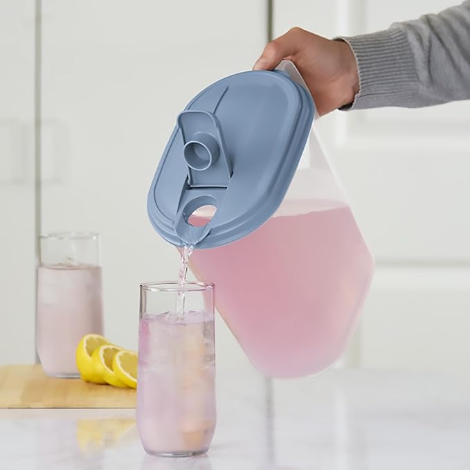 Sterilite 6 Pack 1 Gallon Clear Plastic Pitcher, Dishwasher Proof with Blue Lid, Spout, and Handle for Easy Pouring, Washed Blue
