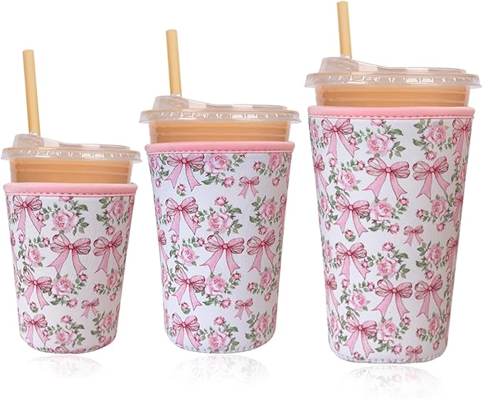 Reusable Insulated Neoprene Iced Coffee Cup Sleeve, Durable Drink Sleeve for Cold Beverages, Beverage Holder for Iced Coffee, Ribbon Rose
