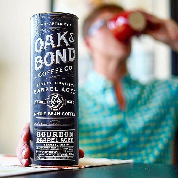 Espresso Bourbon Barrel Aged Coffee, Colombia & Brazil Blend, Whole Bean Arabica, Dark Roast w/ Chocolate, Black Cherry, Toffee, Rich Kentucky Bourbon & Oak Flavors by Oak & Bond Coffee Co. – 10oz.