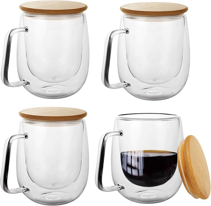 STARVAST 12 OZ Double Walled Glass Coffee Mugs, Glass Coffee Cups with Acacia Wood Lid Set of 4, Clear Espresso Cups with Handle, Perfect For Cappuccinos,Latte and Tea