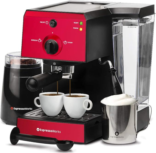 EspressoWorks All-In-One Espresso Machine with Milk Frother 7-Piece Set - Cappuccino Maker Includes Grinder, Frothing Pitcher, Cups, Spoon and Tamper - Coffee Gifts (Red)
