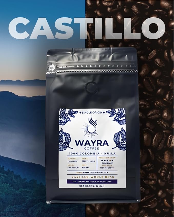 Wayra Whole Bean Colombian Coffee - Dark Roast - Castillo 100% Arabica Fresh Colombian Coffee - Huila Single Origin - Direct Trade - Low Medium Acid - Flavor Notes of Dark Chocolate, Panela and Walnuts Net Wt. 12 Oz (340 gr) Resealable Bag - Pour Over,...