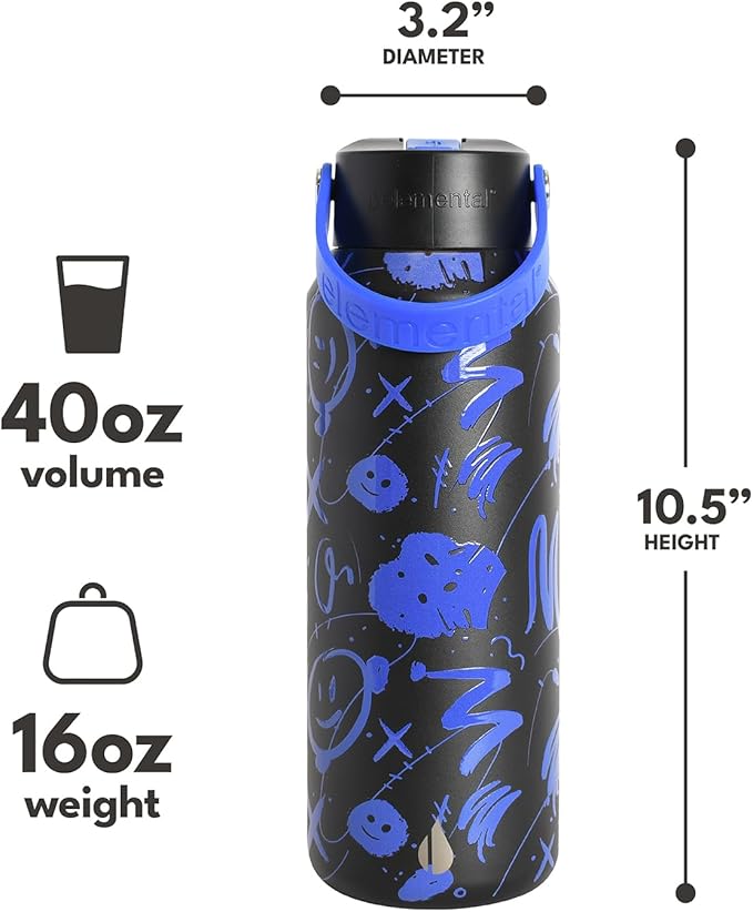 Elemental 40oz Insulated Water Bottle with Straw - 100% Leak-Proof Stainless Steel Core Water Bottles for Travel, Sports and Gym - Double Wall Insulation & BPA Free - Freestyle