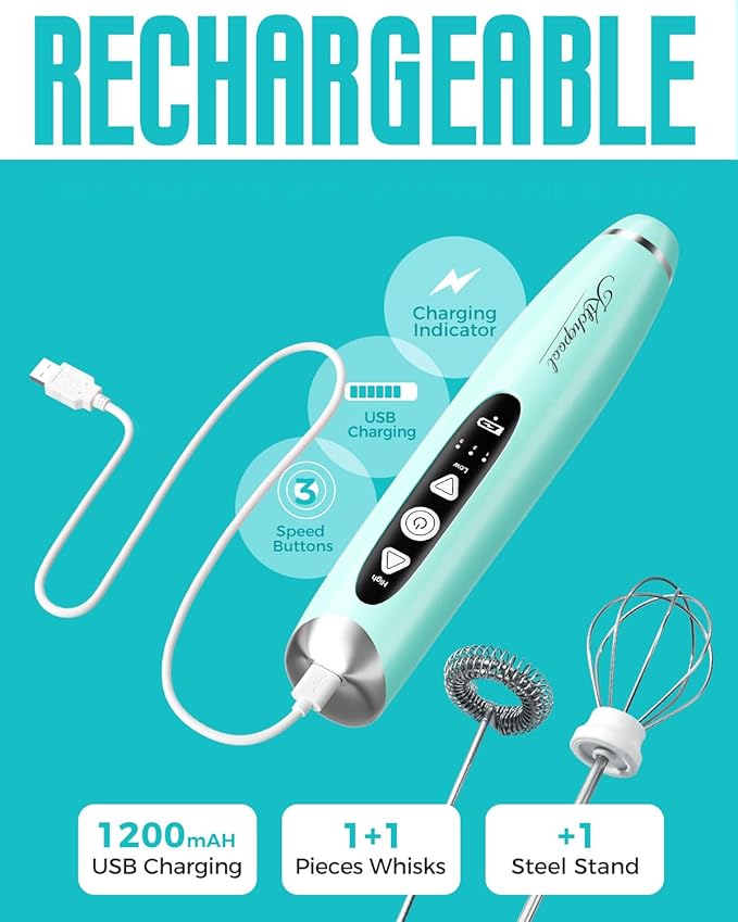 Rechargeable Milk Frother Wand with Stand for Coffee, Electric Whisk with 3 Speed Adjustable, Drink Mixer Handheld for Lattes, Cappuccino, Hot Chocolate, Egg, Light Green