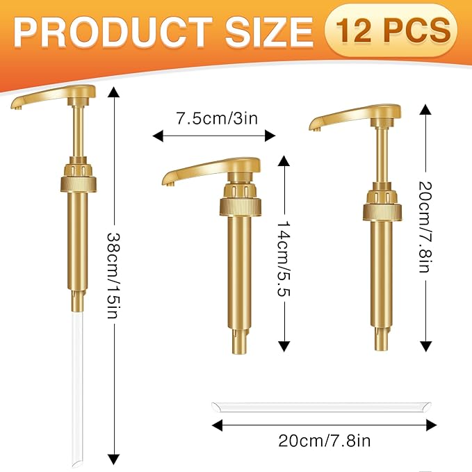 VOISEN Coffee Syrup Pumps, 12 Pack Gold Syrup Pump, Skinny Syrup Pump for 750ml 25.4oz Syrup Bottle, Syrup Pumps Dispenser for Kitchen Dinning Coffee Bar Drinking Mixes,DaVinci,Jordans