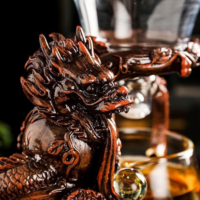 Glass Teapot Set with Infuser Semi Automatic Dragon Tea Set with 6 Small Cups (red dragon)