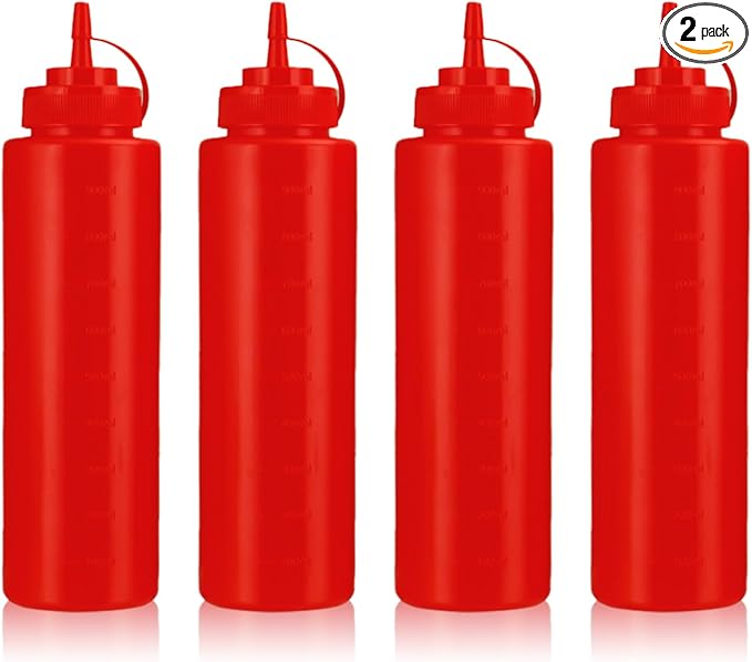 Squeeze Bottles for Sauces,Leak-Proof Condiment Dispenser, BPA-Free Kitchen Restaurant Squeeze Bottle Set with Wide Mouth for Ketchup, Mustard,Syrup,Dressings (Red, 4Pack-32oz(900ml))