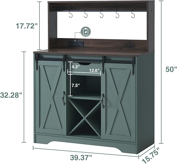 Wnutrees Farmhouse Coffee Bar Cabinet with Charging Station and USB Ports,Sliding Barn Door,39" Kitchen Hutch Sideboard Buffet Storage Cabinet,Fits Kitchen Dining Living Room, Green
