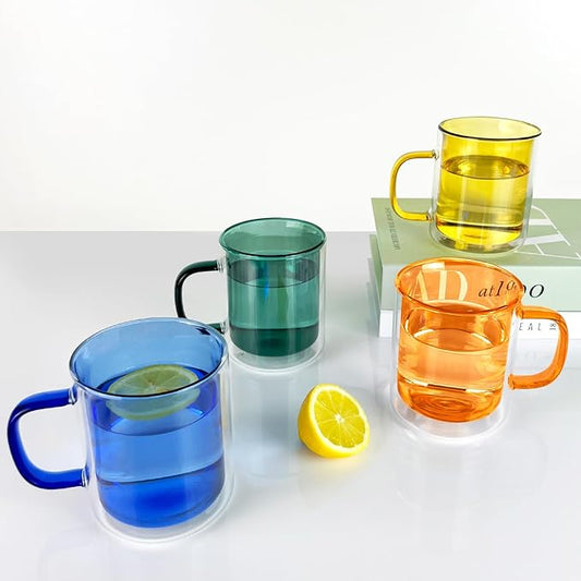 Cloudnola 12.85oz Double Wall Insulated Mugs, High Heat Borosilicate Glass, Set of 4, Multicolored Set, for Coffee, Latte, Tea, Cappucino, Hot Chocolate
