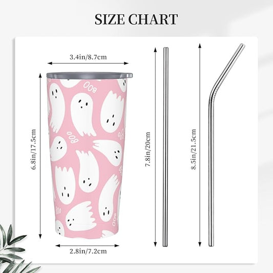 Pink Cute Ghost 20oz Stainless Steel Insulated Tumblers Travel Mug Cup Leakproof Gift For Men Women Hot & Cold Drinks Splash-Proof Lid Metal Straw and Brush