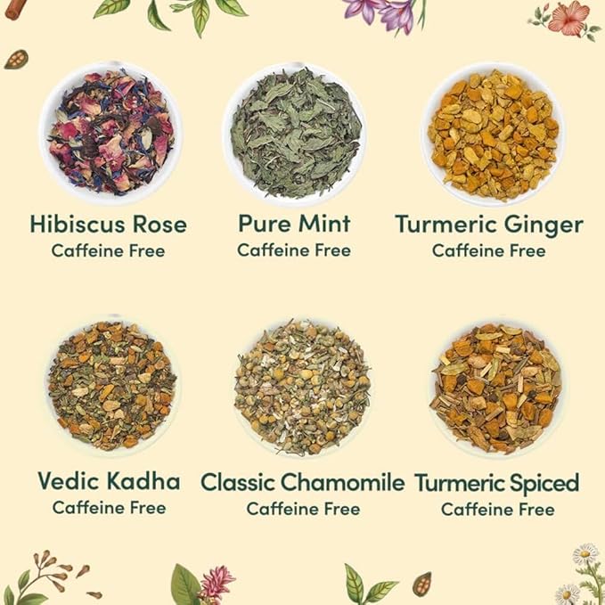 VAHDAM, Assorted Herbal Tea Variety Pack (6 Variants, 36 Tea Bags) Caffeine Free, Gluten Free, Non GMO | Eco Friendly Long Leaf Pyramid Tea Bags I Valentines Day Gift Set for Him & Her