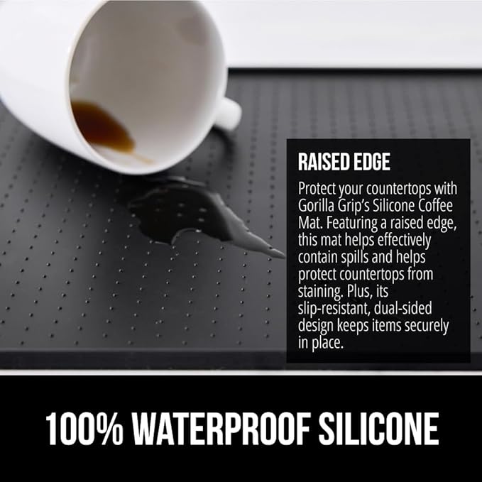 GORILLA GRIP Silicone Coffee Mat, Espresso Machine Bar Accessories, Keep Kitchen Counters Clean, Stays in Place, Waterproof and Heat Resistant Dish Drying Mats, Home Decor Essentials, 11.5x18.6, Black
