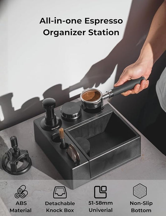 Multifunctional Espresso Tamping Station with Knock box| Universal Fit Espresso Accessories Organizer| Barista Tool Organizer for 51 54 58mm Portafilter, Tamper, Distributor & Puck Screen