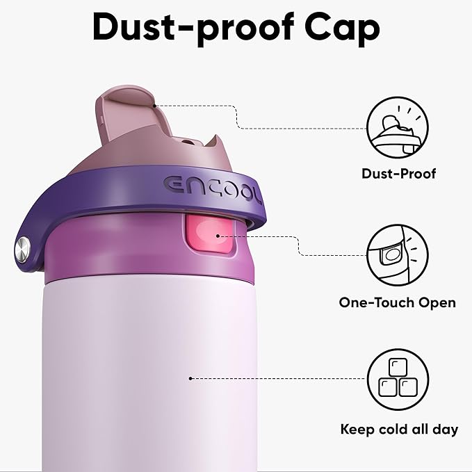 ENCOOL Leakproof Insulated Water Bottle with Straw Dual-Sip Water Bottle Bag-Safe Design for Work, Commute & Gym – Keeps Drinks Cold All Day, 18 oz, Purple Cabbage