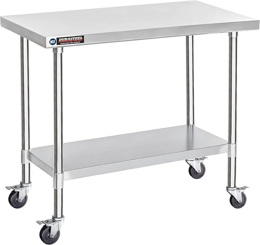 DuraSteel 30x48 NSF Stainless Steel Cart - Heavy Duty Food Prep Table with Undershelf - Rolling Kitchen Island on Wheels for Commercial Restaurant Kitchen, Garage, Outdoor Cooking, BBQ Grill, Counter