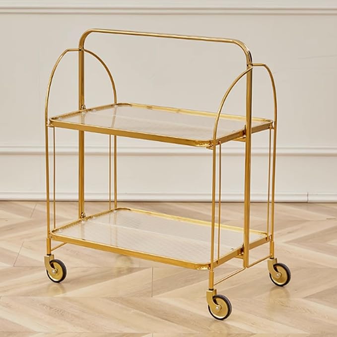 Folding End Table Side Table Glass Movable Coffee Station Table, Metal Coffee Bar Stand Cart with Storage Coffee Table on Wheels,for Home Kitchen, Entryway, Living Room,Dining Room(Gold)