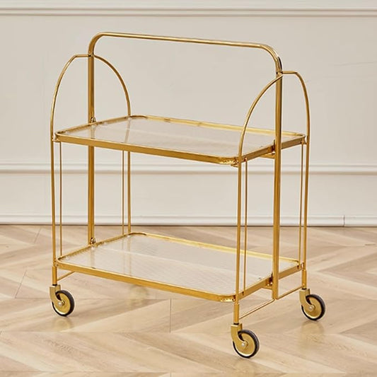 Folding End Table Side Table Glass Movable Coffee Station Table, Metal Coffee Bar Stand Cart with Storage Coffee Table on Wheels,for Home Kitchen, Entryway, Living Room,Dining Room(Gold)