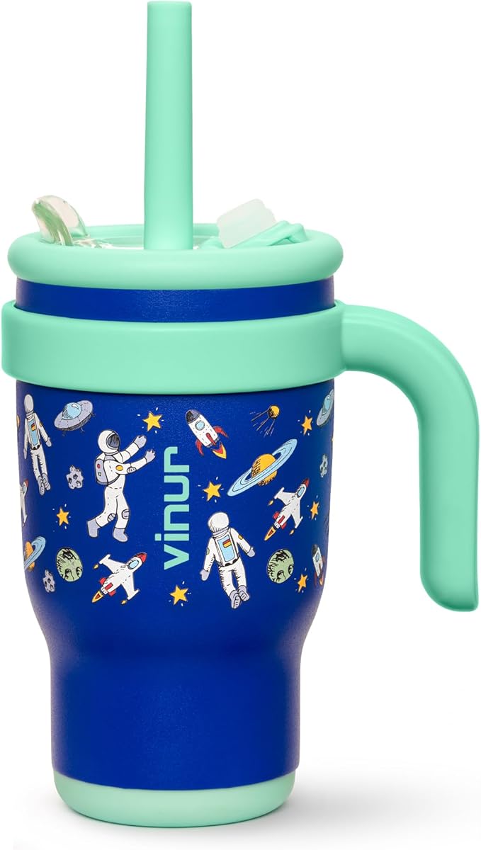VINUR Kids Tumbler with Handle 14 oz Stainless Steel Double Wall Vacuum Insulated Tumbler with Lid and Straw, Leak Proof Water Cup for Travel (Astronaut)