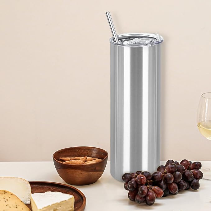 YOUKE OLA 16 Pack Stainless Steel Skinny Tumblers Blank Bulk Straight Double Wall Insulated Tumbler with Lid and Straw for, DIY Gift, 20oz Silver
