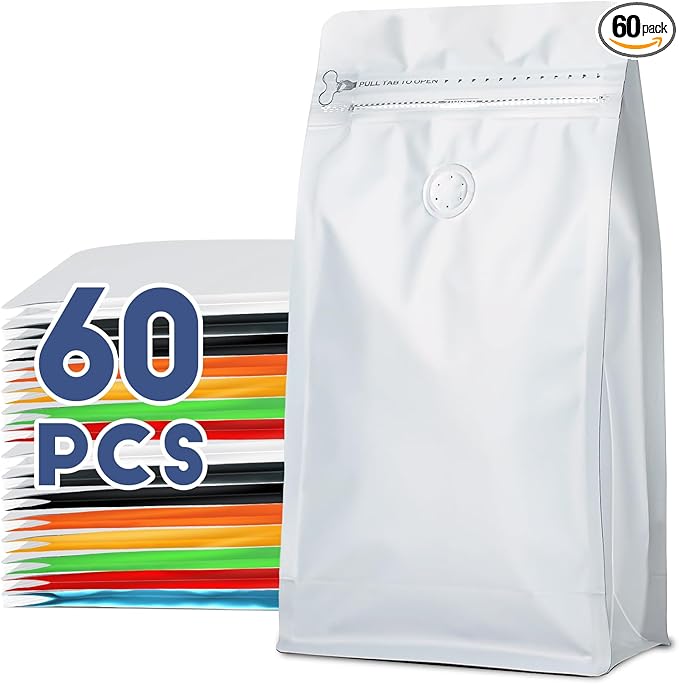 Coffee Bags with Valve(60pcs,16 oz,1 lb) Vented Coffee Beans Packaging Bags High Barrier Aluminumed Foil Flat Bottom Heat Sealed Side Zipper Resealable Storage Bag for Home or Business（White）