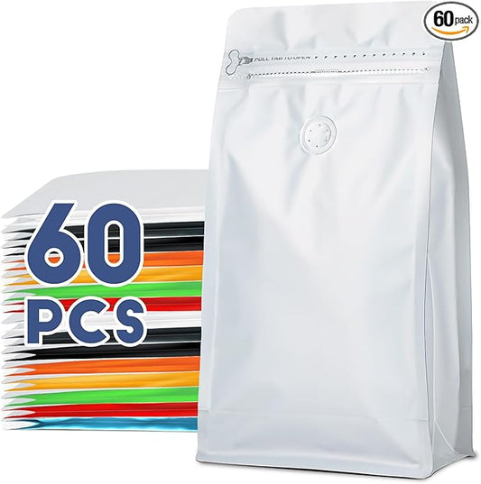 Coffee Bags with Valve(60pcs,16 oz,1 lb) Vented Coffee Beans Packaging Bags High Barrier Aluminumed Foil Flat Bottom Heat Sealed Side Zipper Resealable Storage Bag for Home or Business（White）