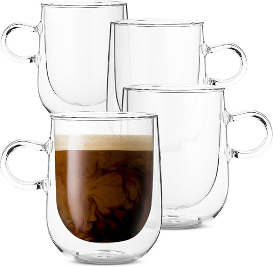 BTaT- Double Walled Glass Coffee Mugs, 16 oz, Set of 4, Glass Coffee Cups with Handle, Insulated Clear Coffee Mug for Hot and Cold Beverages, Cappuccino, Latte, Tea, Americano, Microwave Safe