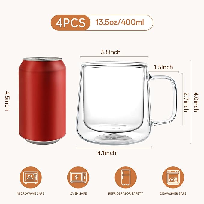 Aurzen 13oz Glass Coffee Mugs,Double Wall Insulated Glass Cups with Handle,Clear Espresso Mugs for Latte,Cappuccino,Tea Bag (2, 13oz)