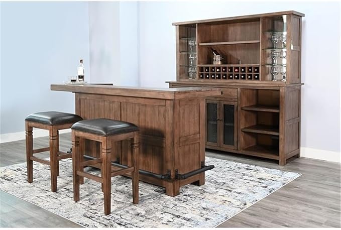 Pemberly Row Set of 3 Natural Brown Wood Bar Unit & 2 Swivel Barstool with Back