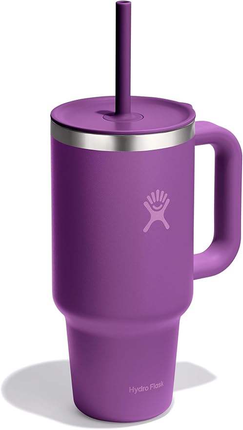 Hydro Flask Travel Tumbler with Handle, Lid and Straw - Insulated Stainless Steel in 32 Oz Beachplum Purple