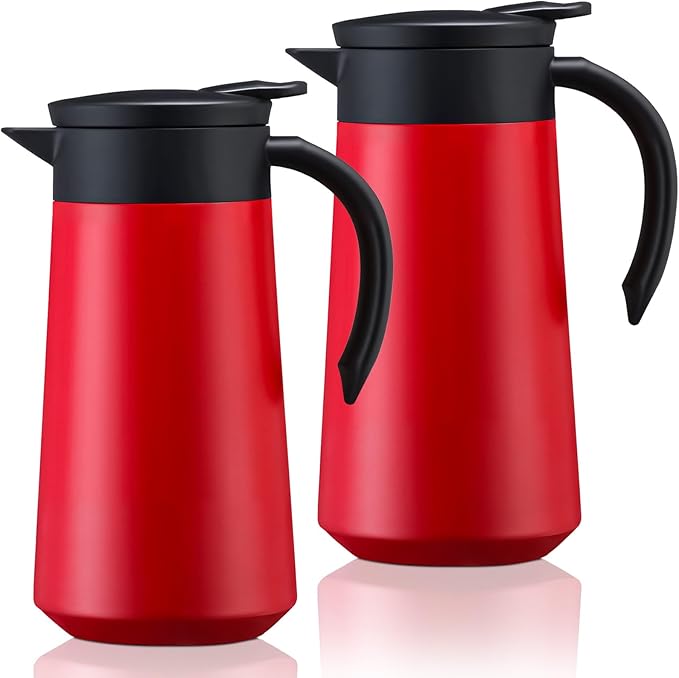 2 Pcs 27oz Thermal Coffee Carafe Stainless Steel Coffee Pot for Keeping Hot/cold Insulated Double Walled Vacuum Tea Pot with Press Button Drink Beverage Dispenser for Milk Tea (Red)