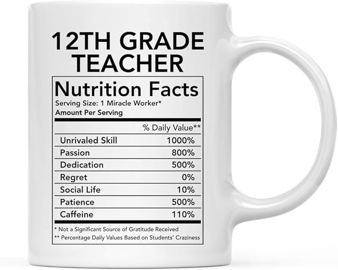 Andaz Press Funny 11oz. Ceramic Coffee Tea Mug Thank You Gift, 12th Grade Teacher Nutritional Facts, 1-Pack, Novelty Gag Birthday Christmas Gift Ideas Coworker