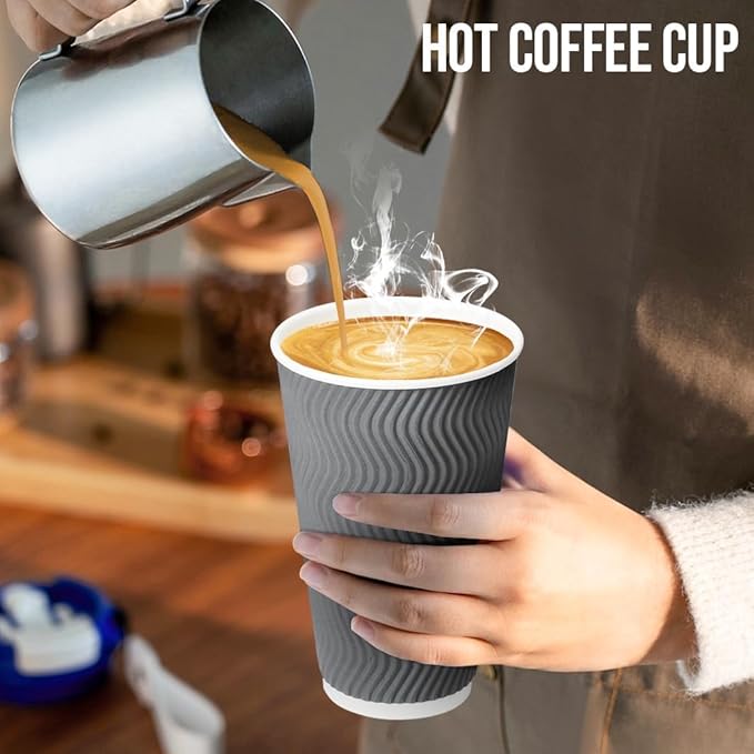 BYSNOW 16 oz Coffee Cups with Lid, 500 Pack Disposable Coffee Cups Insulated Ripple Paper Cups for Water, Juice, Coffee (Gray 16 oz)