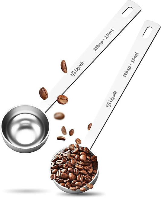 Ugotit Coffee Scoop 1 Tablespoon, Long Handle Measuring Spoons Set for Coffee, Tea, Flour, Spices - 304 Stainless Steel with Hanging Hole (Pack of 2)