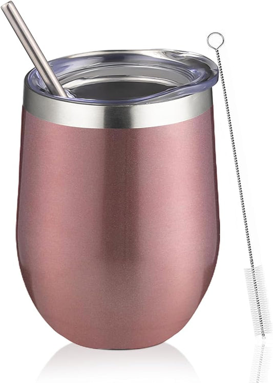 12oz Wine Tumbler with lid, Stainless Steel Travel Mugs Stemless Double Wall Insulated Coffee Cup, Insulated Wine Glasses Travel Tumbler for Cold & Hot Drinks(Rose Gold, 1)