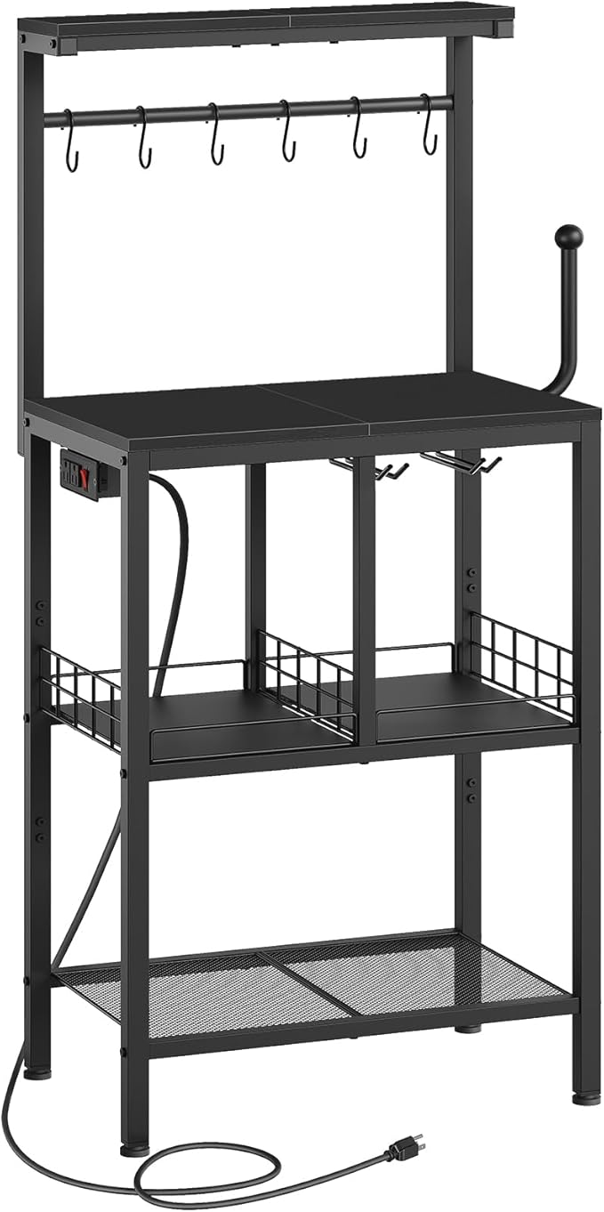 Bakers Rack with Power Outlet, Microwave Stand with Paper Holder, Coffee Bar Table with Wine Glass Holder, 4-Tier Kitchen Storage Rack for Dining Room, Living Room, Black HB02UBB