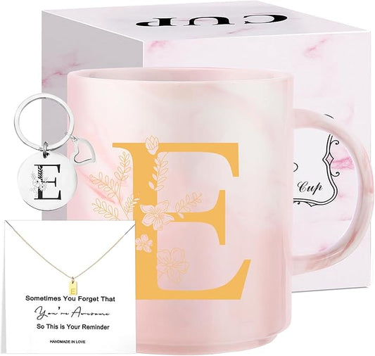 Monogrammed Christmas Gifts for Women, 11 oz Initial Ceramic Coffee Tea Mug with Necklace, Unique Birthday Gift for Her Wife Teacher Friend Mom, E