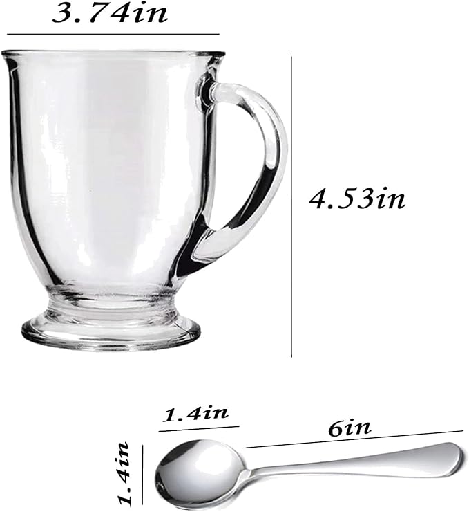 Clear Glass Coffee Mugs Set of 6, Featuring easy-grip handles for secure holding, perfect for hot beverages like coffee, tea, cappuccino, latte, espresso, and cold drinks such as juice.