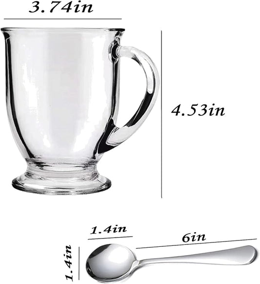 Clear Glass Coffee Mugs Set of 6, Featuring easy-grip handles for secure holding, perfect for hot beverages like coffee, tea, cappuccino, latte, espresso, and cold drinks such as juice.