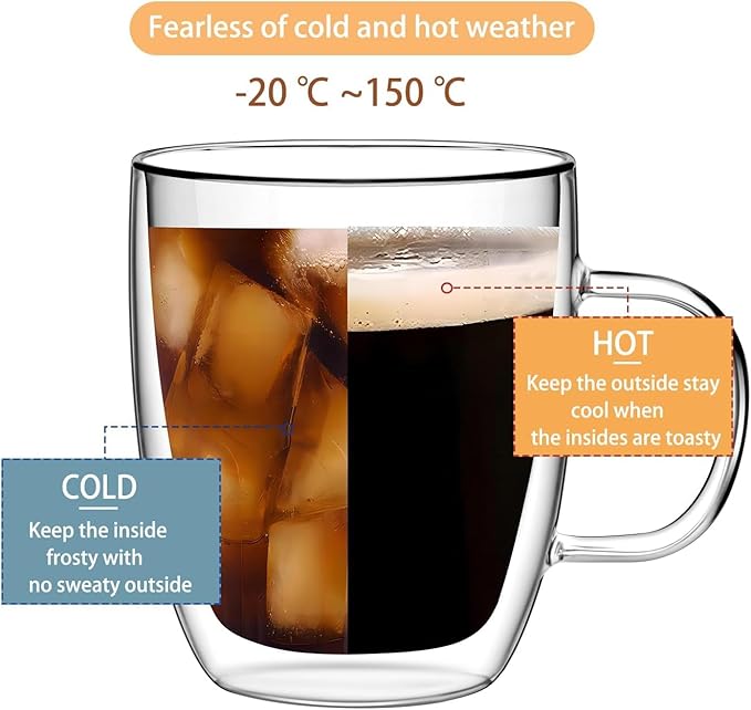 Double Wall Glass Coffee Mugs 350ml / 12oz – Set of 2 Insulated Clear Cups for Espresso, Latte, Cappuccino, Tea, Hot or Cold Drinks (12oz set of 4)
