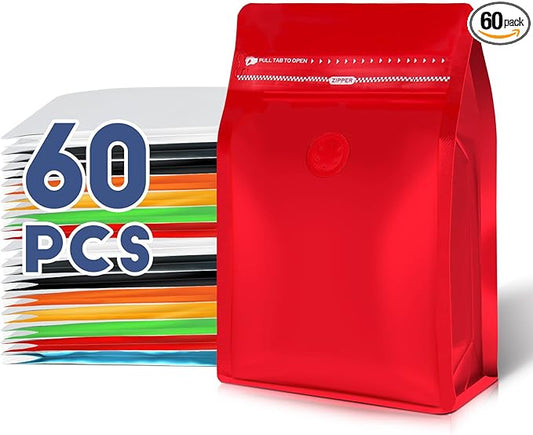 Coffee Bags with Valve(60pcs,8 oz,1/2 lb) Vented Coffee Beans Packaging Bags High Barrier Aluminumed Foil Flat Bottom Heat Sealed Side Zipper Resealable Storage Bag for Home or Business（Red）