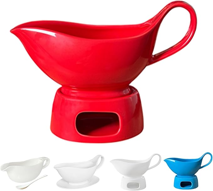 Porcelain gravy sauce boat with candle holder, 20 ounces, Used for turkey salad dressing, cream milk broth - Thanksgiving and Christmas dishes - Red