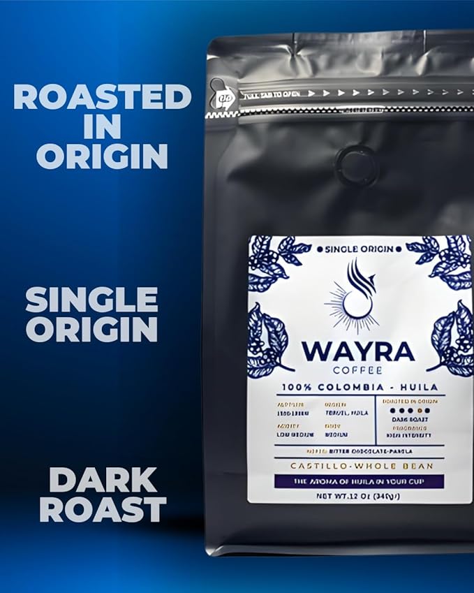 Wayra Whole Bean Colombian Coffee - Dark Roast - Castillo 100% Arabica Fresh Colombian Coffee - Huila Single Origin - Direct Trade - Low Medium Acid - Flavor Notes of Dark Chocolate, Panela and Walnuts Net Wt. 12 Oz (340 gr) Resealable Bag - Pour Over,...